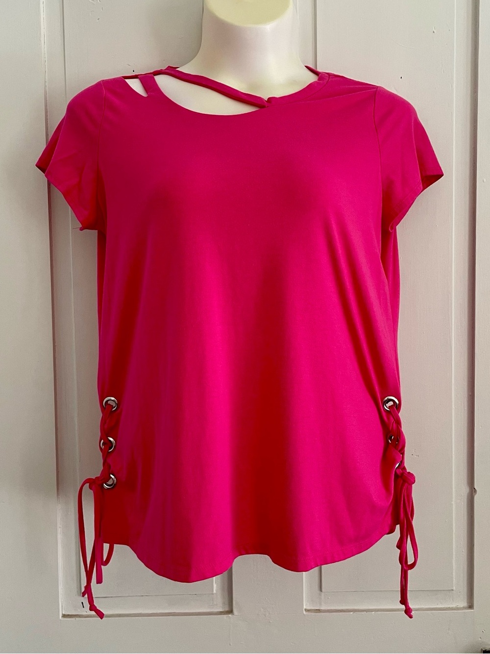 Hot Pink Short Sleeve Top with Side Lace-Up Detail